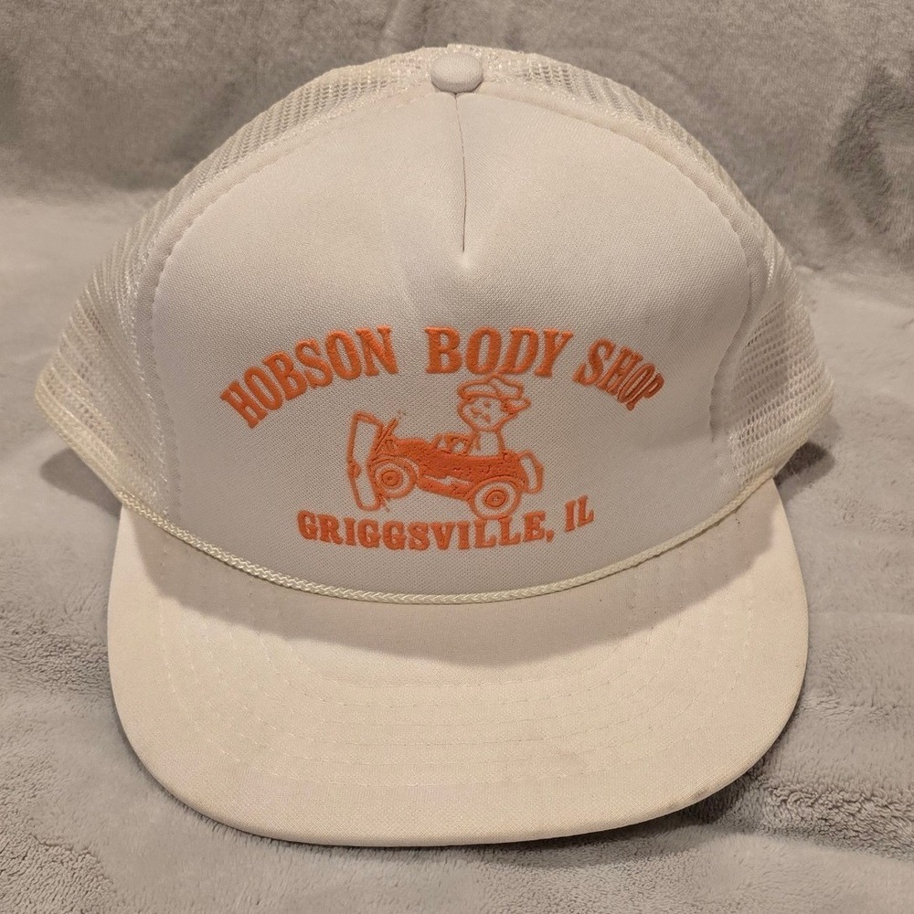 Vintage Hobson Body Shop Trucker‎ Hat Griggsville IL Mesh Snapback White Orange